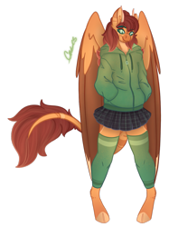 Size: 813x1087 | Tagged: safe, artist:trashpanda czar, imported from derpibooru, oc, oc only, oc:pumpkin spice, anthro, hybrid, unguligrade anthro, clothes, cloven hooves, hoodie, horns, hybrid oc, leg warmers, long tail, simple background, skirt, solo, standing, tail, transparent background, wings