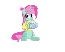 Size: 2000x1600 | Tagged: safe, artist:amateur-draw, imported from derpibooru, oc, oc only, oc:belle boue, unicorn, chocolate, clothes, food, hoodie, hot chocolate, male, pencil, simple background, sitting, solo, sombra's pencil, stallion, white background