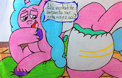 Size: 2992x1909 | Tagged: safe, artist:bitter sweetness, imported from derpibooru, izzy moonbow, pony, unicorn, abdl, adult foal, diaper, diaper fetish, fetish, g5, non-baby in diaper, poofy diaper, spanish, spanish text, speech bubble, traditional art, translated in the description