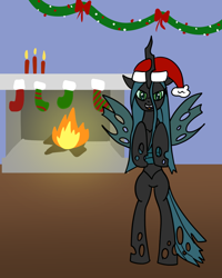 Size: 850x1064 | Tagged: safe, artist:platinumdrop, edit, imported from twibooru, queen chrysalis, changeling, changeling queen, bipedal, candle, christmas, christmas lights, christmas stocking, christmas tree, cropped, female, fireplace, happy, hat, holiday, image, looking at you, png, santa hat, smiling, tree