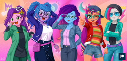 Size: 1633x787 | Tagged: safe, artist:uotapo, edit, imported from derpibooru, izzy moonbow, pipp petals, sunny starscout, zipp storm, human, equestria girls, cornrows, equestria girls-ified, female, g5, g5 to equestria girls, generation leap, glasses, group, microphone, misty brightdawn, patreon, patreon logo, pony coloring, quintet, rebirth misty