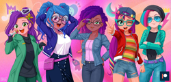 Size: 1633x787 | Tagged: safe, artist:uotapo, edit, imported from derpibooru, izzy moonbow, pipp petals, sunny starscout, zipp storm, human, equestria girls, cornrows, dark skin, equestria girls-ified, female, g5, g5 to equestria girls, generation leap, glasses, group, human coloration, light skin, microphone, misty brightdawn, moderate dark skin, pale skin, patreon, patreon logo, quintet, rebirth misty, tan skin