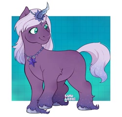 Size: 1165x1110 | Tagged: safe, artist:lululaozi, imported from derpibooru, pony, auroricorn, chubby, female, g5, horn, jewelry, mare, my little pony: make your mark, my little pony: make your mark chapter 6, necklace, passepartout, secrets of starlight, signature, smiling, solo, tail, unshorn fetlocks, violet frost