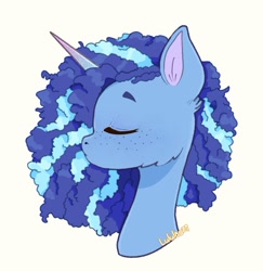 Size: 715x735 | Tagged: safe, artist:lululaozi, imported from derpibooru, pony, unicorn, bust, cheek fluff, cornrows, eyes closed, female, freckles, g5, horn, mare, misty brightdawn, portrait, signature, simple background, solo, white background