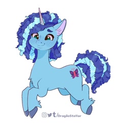 Size: 1039x1060 | Tagged: safe, artist:lululaozi, imported from derpibooru, pony, unicorn, chest fluff, cornrows, female, freckles, g5, horn, looking at you, mare, misty brightdawn, signature, simple background, smiling, smiling at you, solo, unshorn fetlocks, white background