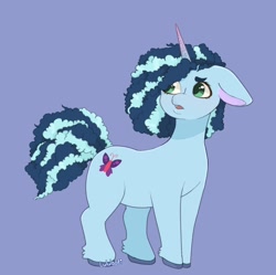 Size: 1066x1060 | Tagged: safe, artist:lululaozi, imported from derpibooru, pony, unicorn, blue background, cornrows, female, floppy ears, g5, horn, mare, misty brightdawn, open mouth, simple background, solo, tail, unshorn fetlocks