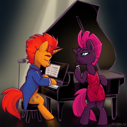 Size: 2048x2048 | Tagged: safe, artist:pfeffaroo, imported from derpibooru, fizzlepop berrytwist, tempest shadow, oc, oc:sunflare, unicorn, bipedal, canon x oc, clothes, dress, g4, glasses, microphone, music notes, musical instrument, piano, sequins, singing, stool, tuxedo