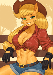 Size: 1754x2480 | Tagged: safe, artist:nire, edit, editor:spookitty, imported from derpibooru, applejack, anthro, abs, applejack's hat, boob freckles, breasts, busty applejack, chest freckles, cleavage, clothes, cowboy hat, denim, denim shorts, female, freckles, front knot midriff, g4, gloves, hat, looking at you, midriff, muscles, muscular female, shirt, shorts, smiling, smiling at you, solo, stupid sexy applejack, sweat