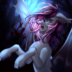 Size: 1200x1200 | Tagged: safe, artist:ryusya, imported from derpibooru, bat pony, vampire bat pony, female, forest background, solo, spread wings, wings