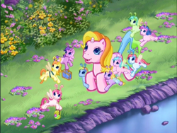 Size: 800x600 | Tagged: safe, imported from derpibooru, screencap, rarity (g3), tiddlywink, tra-la-la, zipzee, breezie, pony, unicorn, the runaway rainbow, bush, flower, g3, grass, lying down, outdoors, prone, river, sploot, unicornia, water