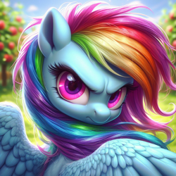 Size: 1024x1024 | Tagged: safe, imported from derpibooru, rainbow dash, pegasus, pony, ai content, ai generated, angry, apple, apple orchard, blurry background, female, food, frown, g4, generator:dall-e 3, glare, grass, if looks could kill, looking at you, looking back, looking back at you, mare, orchard, outdoors, prompter:tyto4tme4l, rainbow dash is not amused, sky, solo, spread wings, unamused, wings