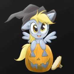 Size: 1280x1280 | Tagged: safe, artist:steffy-beff, edit, imported from ponybooru, derpy hooves, pegasus, pony, dark background, female, g4, halloween, hat, holiday, jack-o-lantern, mare, pumpkin, solo, witch, witch hat