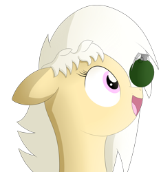 Size: 2477x2649 | Tagged: safe, artist:polynya, imported from twibooru, oc, oc only, oc:magnolia, earth pony, pony, balancing, bust, earth pony oc, female, grenade, happy, image, mare, open mouth, playing, png, profile, simple background, solo, transparent background