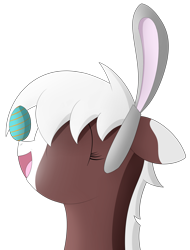 Size: 2277x3000 | Tagged: safe, artist:polynya, imported from twibooru, oc, oc only, oc:molli mantra, earth pony, pony, balancing, bunny ears, bust, earth pony oc, easter, easter egg, eyes closed, female, holiday, image, mare, open mouth, playing, png, profile, solo