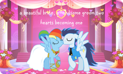 Size: 1203x720 | Tagged: safe, imported from ponybooru, rainbow dash, soarin', pegasus, pony, bride, clothes, dress, female, groom, kissing, male, mare, marriage, shipping, soarindash, stallion, straight, tuxedo, wedding