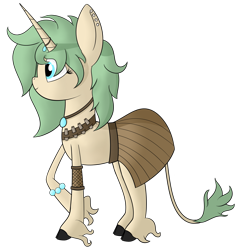 Size: 3505x3607 | Tagged: safe, artist:polynya, imported from twibooru, oc, oc only, unnamed oc, classical unicorn, pony, unicorn, clothes, cloven hooves, ear piercing, earring, female, image, jewelry, leonine tail, necklace, piercing, png, profile, raised hoof, shaman, simple background, skirt, transparent background, unshorn fetlocks