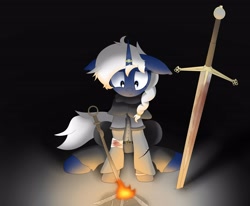 Size: 4000x3288 | Tagged: safe, artist:polynya, imported from twibooru, oc, oc only, oc:polynya frostbite, unicorn, armor, bandage, belt, braid, crossover, crying, dark souls, female, horn, horn ring, image, jewelry, looking down, needs more jpeg, ring, solo, sword, unicorn oc, weapon