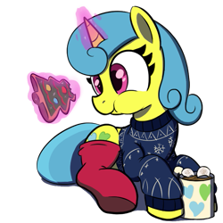 Size: 639x638 | Tagged: safe, artist:maretian, lemon hearts, pony, unicorn, chocolate, clothes, cookie, female, food, hot chocolate, lying down, mare, mug, simple background, socks, solo, sweater, transparent background