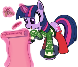 Size: 797x686 | Tagged: safe, artist:maretian, twilight sparkle, pony, unicorn, checklist, clothes, female, list, mare, mistletoe, quill, raised hoof, simple background, smiling, socks, solo, sweater, transparent background, twilight being twilight