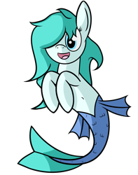 Size: 1527x1933 | Tagged: safe, artist:polynya, imported from twibooru, oc, oc only, seapony (g4), belly button, blue mane, female, happy, image, open mouth, png, seapony oc, simple background, transparent background, unnamed character