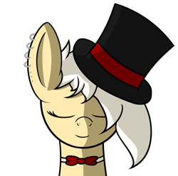 Size: 1765x1749 | Tagged: safe, artist:polynya, imported from twibooru, oc, oc only, oc:magnolia, earth pony, pony, fallout equestria, bowtie, ear piercing, earring, eyes closed, fancy, female, hat, image, jewelry, mare, piercing, png, simple background, smiling, top hat, transparent background