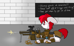 Size: 3404x2141 | Tagged: safe, artist:polynya, imported from twibooru, oc, oc only, oc:cherry blossom, earth pony, pony, armor, bullet, frown, gun, image, machine gun, png, prone, smiling, weapon, whiteboard