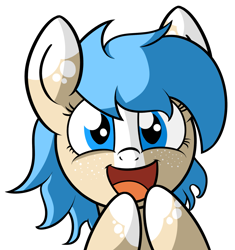 Size: 1749x1859 | Tagged: safe, artist:polynya, imported from twibooru, oc, oc:kashmir, pony, bust, excited, female, filly, happy, image, looking at you, open mouth, png, simple background, solo, spots, transparent background