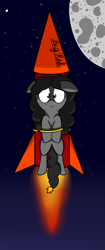 Size: 1835x4381 | Tagged: safe, artist:polynya, imported from twibooru, oc, oc:nikita, earth pony, pony, :i, earth pony oc, female, image, mare, moon, png, rocket, solo, space, stars, this will end in death, worried