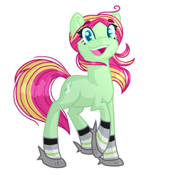 Size: 1200x1200 | Tagged: safe, artist:lindasaurie, derpibooru exclusive, imported from derpibooru, oc, oc only, oc:strawi dinosaur, earth pony, pony, derpibooru community collaboration, 2024 community collab, agender, agender pride flag, clothes, colored lineart, earth pony oc, eye clipping through hair, eyebrows, eyebrows visible through hair, happy, looking at you, open mouth, ponysona, ponytail, pride, pride flag, simple background, slippers, socks, solo, transparent background