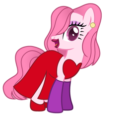 Size: 2096x1931 | Tagged: safe, artist:tanahgrogot, imported from derpibooru, oc, oc only, oc:annisa trihapsari, earth pony, pony, base used, clothes, cosplay, costume, crossover, dress, ear piercing, eyeshadow, female, jessica rabbit, lips, lipstick, looking at you, makeup, mare, open mouth, open smile, piercing, simple background, smiling, smiling at you, solo, transparent background, vector, who framed roger rabbit