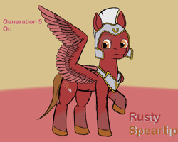 Size: 1677x1344 | Tagged: safe, anonymous artist, imported from derpibooru, oc, oc only, oc:rusty speartip, pegasus, pony, description is relevant, free to use, g5, helmet, male, pegasus royal guard, raised hoof, royal guard, solo, stallion, text, unamused, wing out