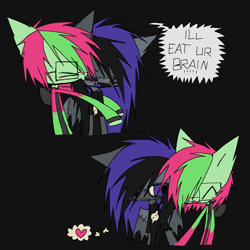 Size: 1280x1280 | Tagged: safe, artist:burnedmuffinz, imported from derpibooru, oc, oc only, oc:m0nster, oc:spr1te, earth pony, monster pony, pony, undead, zombie, zombie pony, black background, cheek kiss, clothes, earth pony oc, eyes closed, female, glasses, half body, heart, holding hooves, hoodie, kissing, lesbian, shipping, shirt, simple background, speech bubble, stitches, text, yelling