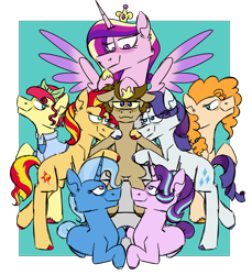 Size: 1100x1200 | Tagged: safe, artist:fuckomcfuck, imported from derpibooru, pear butter, princess cadance, rarity, starlight glimmer, sunset shimmer, torque wrench, trixie, oc, oc:doodles, alicorn, earth pony, pegasus, pony, unicorn, blushing, canon x oc, crown, female, g4, harem, jewelry, lesbian, polyamory, redraw, regalia, shipping, throne