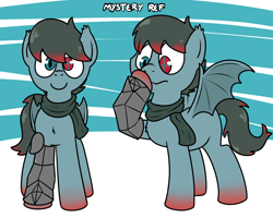 Size: 2000x1600 | Tagged: safe, artist:pokefound, oc, oc only, oc:mystery iris, pony, abstract background, bat wings, clothes, male, raised hoof, reference sheet, scarf, solo, wings