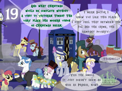 Size: 1032x774 | Tagged: safe, artist:bronybyexception, imported from derpibooru, apple bloom, big macintosh, carrot cake, cup cake, derpy hooves, dinky hooves, doctor whooves, fancypants, sweetie belle, time turner, advent calendar, cloak, clothes, doctor who, facial scar, food, hat, jack the ripper, mrs lovett, palette swap, pickpocketing, pie, pocket watch, recolor, scar, scarf, stealing, streetlight, sweeney todd, tardis, theft, top hat
