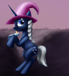Size: 790x866 | Tagged: safe, artist:warskunk, imported from twibooru, oc, oc only, oc:polynya frostbite, pony, art trade, bipedal, braid, female, hat, hoof hold, image, lidded eyes, looking at you, mare, png, profile, witch hat