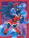 Size: 1791x2360 | Tagged: safe, artist:dandy, imported from derpibooru, princess luna, alicorn, belt, bow, christmas, clothes, commission, copic, cute, ear fluff, ear piercing, earring, eyeshadow, female, g4, hat, holiday, horn, jewelry, looking at you, lunabetes, makeup, open mouth, open smile, piercing, santa hat, skirt, smiling, smiling at you, socks, solo, stockings, thigh highs, traditional art, wings