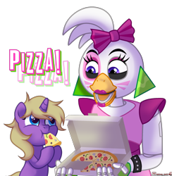 Size: 2000x2050 | Tagged: safe, artist:morello, imported from derpibooru, oc, oc only, oc:hay meadow, bird, chicken, pony, unicorn, animatronic, bow, chica, clothes, commission, crossover, duo, ear piercing, earring, eating, eyeshadow, female, fingerless gloves, five nights at freddy's, five nights at freddy's: security breach, food, glamrock chica, gloves, hair bow, jewelry, lipstick, makeup, mare, open mouth, piercing, pizza, pizza box, simple background, transparent background, ych result