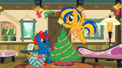 Size: 2048x1148 | Tagged: safe, artist:ry-bluepony1, imported from derpibooru, oc, oc:flare spark, oc:train track, pegasus, pony, unicorn, christmas, christmas tree, decorating, decoration, female, hearth's warming, holiday, indoors, interior, male, tree