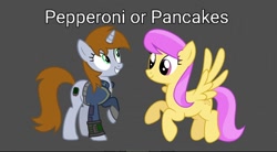 Size: 1080x596 | Tagged: safe, imported from ponybooru, screencap, sunny rays, oc, oc only, oc:littlepip, pegasus, pony, unicorn, fallout equestria, spoiler:everypony at the blanket, spoiler:everypony at the blanket movie, duo, female