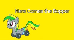 Size: 1078x578 | Tagged: safe, imported from ponybooru, screencap, oc, oc only, oc:wheely bopper, original species, wheelpone, spoiler:everypony at the blanket, simple background, solo, yellow background