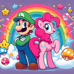 Size: 1024x1024 | Tagged: safe, artist:user15432, imported from derpibooru, pinkie pie, earth pony, human, pony, ai content, ai generated, cloud, crossed arms, crossover, generator:bing image creator, image, looking at each other, luigi, luigipie, mushroom, needs more jpeg, rainbow, raised hoof, smiling, stars, super mario bros.