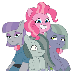 Size: 1800x1800 | Tagged: safe, artist:prixy05, imported from derpibooru, limestone pie, marble pie, maud pie, pinkie pie, earth pony, pony, female, g4, g4 to g5, g5, generation leap, grin, group, hug, looking at each other, looking at someone, looking at you, mare, my little pony: tell your tale, pie sisters, quartet, siblings, simple background, sisters, smiling, transparent background, vector