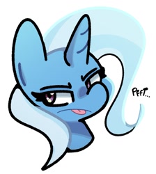 Size: 1083x1209 | Tagged: safe, artist:kindakismet, imported from derpibooru, trixie, pony, unicorn, angry, bust, frown, g4, onomatopoeia, portrait, raspberry, raspberry noise, scowl, simple background, solo, tongue out, trixie is not amused, unamused, white background