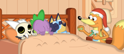 Size: 3525x1549 | Tagged: safe, artist:porygon2z, imported from derpibooru, spike, dog, dragon, fox, semi-anthro, australian cattle dog, ball, banana, bed, blanket, bluey, bluey heeler, broken horn, christmas, crossover, disney, dora the explorer, eyes closed, female, food, g4, group, hat, holiday, horn, king clawthorne, male, pillow, quartet, santa hat, skull, sleeping, smiling, swiper, tennis ball, the owl house, titan