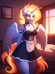 Size: 2304x3072 | Tagged: safe, imported from derpibooru, daybreaker, alicorn, anthro, ai content, ai generated, bed, bedroom, bedroom eyes, big breasts, breasts, busty daybreaker, chest fluff, cleavage, clothes, collar, ear fluff, female, fire, g4, generator:easyfluff v11.2, generator:stable diffusion, horn, maid, maidbreaker, mane of fire, partially open wings, prompter:frostru, solo, window, wings