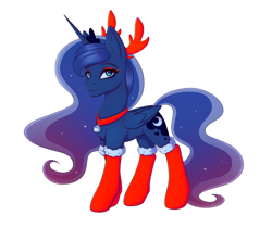 Size: 2320x1952 | Tagged: safe, artist:tanatos, imported from derpibooru, princess luna, alicorn, pony, christmas, clothes, concave belly, eyeshadow, female, g4, holiday, horns, makeup, mare, redraw, simple background, socks, solo, white background