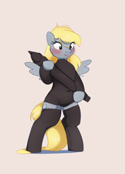 Size: 2152x2987 | Tagged: safe, artist:drafthoof, imported from derpibooru, derpy hooves, pegasus, semi-anthro, arm hooves, bipedal, blushing, clothes, g4, leotard, simple background, socks, solo, thigh highs, tights