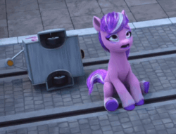 Size: 818x626 | Tagged: safe, imported from derpibooru, screencap, earth pony, pony, spoiler:g5, spoiler:my little pony: make your mark, spoiler:my little pony: make your mark chapter 6, spoiler:mymc06e02, animated, cart, faint, female, g5, gif, lily (g5), mare, my little pony: make your mark, my little pony: make your mark chapter 6, not starlight glimmer, roots of all evil, solo, tracks