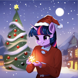 Size: 1410x1410 | Tagged: safe, imported from twibooru, twilight sparkle, alicorn, anthro, ai content, ai generated, bright moon, christmas, christmas clothes, christmas tree, diamond, downtown, generator:stable diffusion, hat, holiday, image, night, png, ponyville, santa hat, snow, snowfall, solo, tree